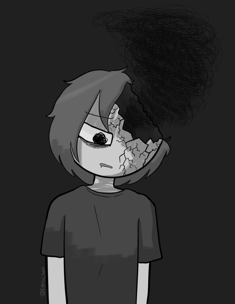 A black and white digital sketch of a young person on a black background. They have short thick hair and are wearing a black tshirt with their shoulders slumped and head hanging down. One eye looks down with dark circles below. Their head is cracking over the face and broken off at the top right corner, missing the left eye and nose. The cracks extend all the way down to the chin and the head appears shadowed or hollow inside.